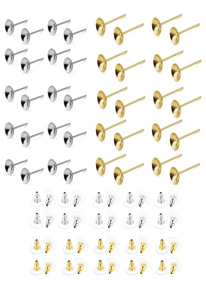 ST logo Cup Pad Blank Earring Pin Studs with Silicone Earring Backs Stopper for Jewelry Making Findings DIY Art & Craft (40 + 40 Pcs Golden + Silver Combo Pack) - Image 1